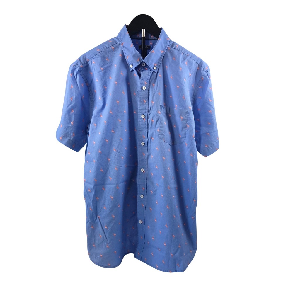 IZOD Mens Large Blue Pink Flamingo Print Short‎ Sleeve Button Down Shirt Casual